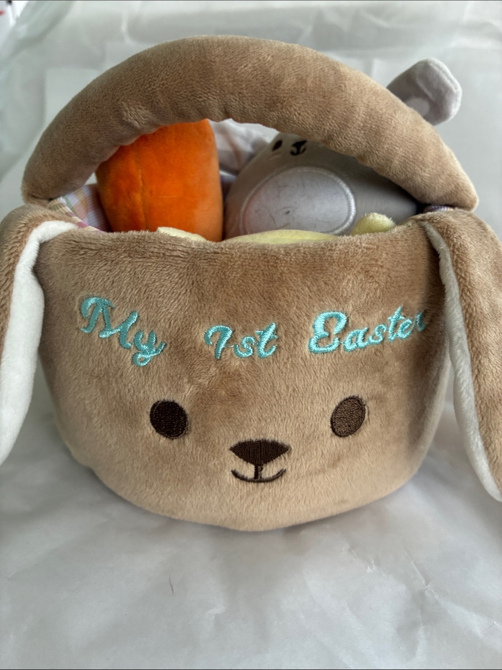 Aurora soft Plush 'My 1st Easter' Bunny Basket with carrot, egg. bunny, chick